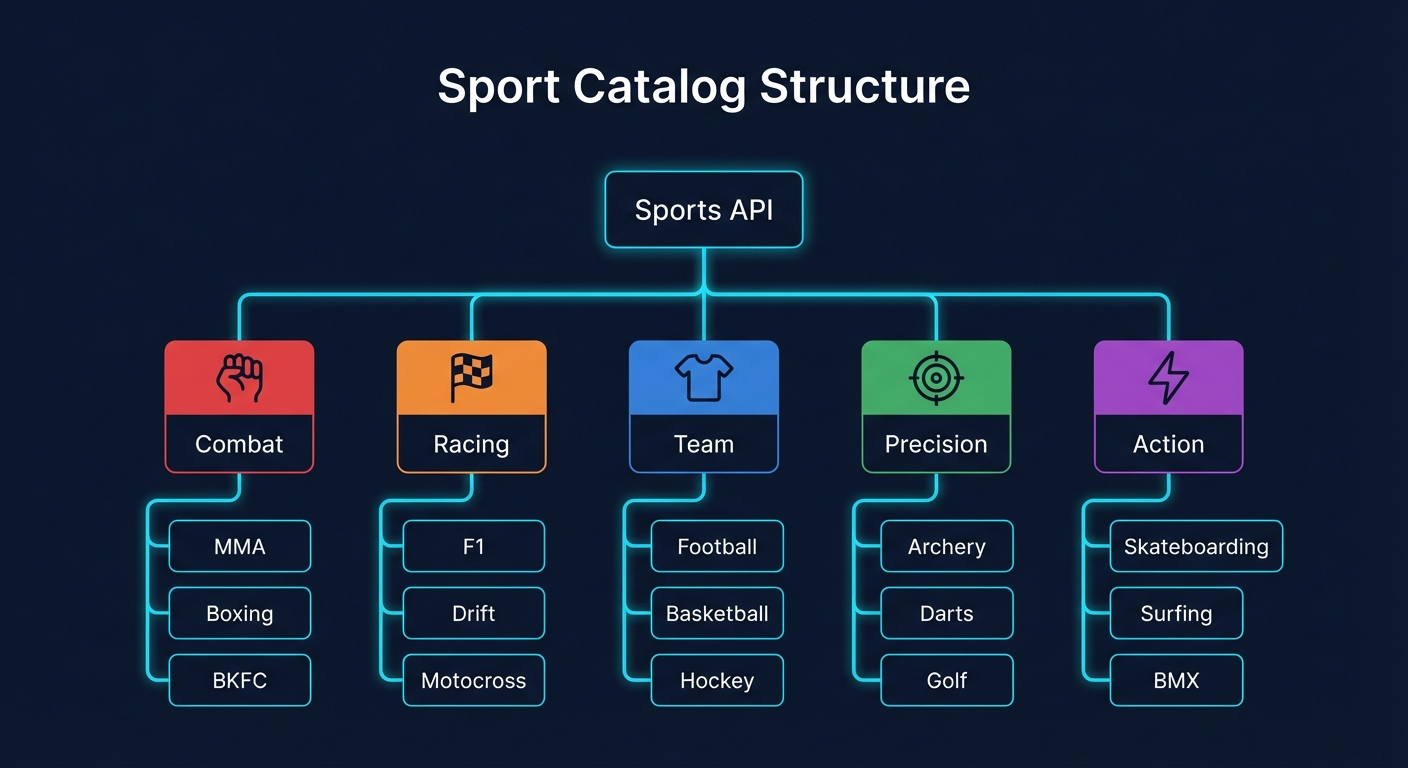 Tree diagram showing the sport catalog organized by archetype categories with example sports under each.